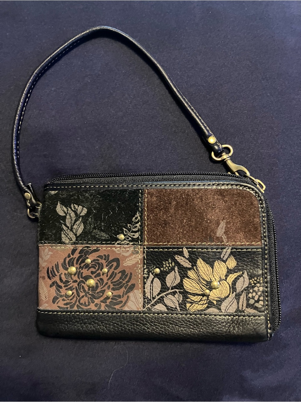 Patchwork Floral Wristlet Clutch - Black/Brown